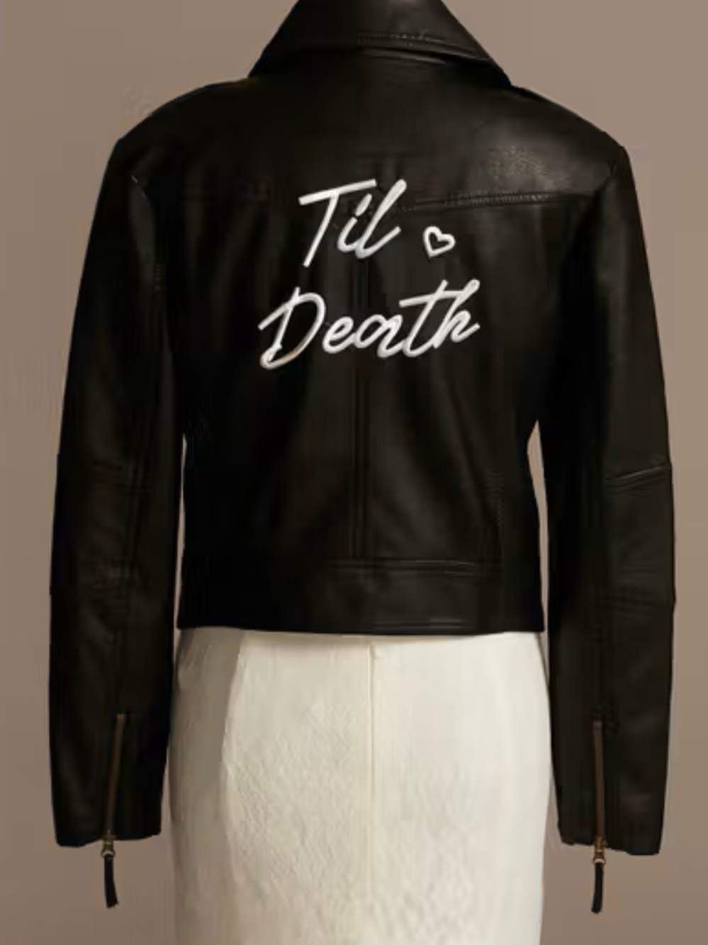 David's Bridal Black Leather Moto Jacket with White 'Til Death' Script